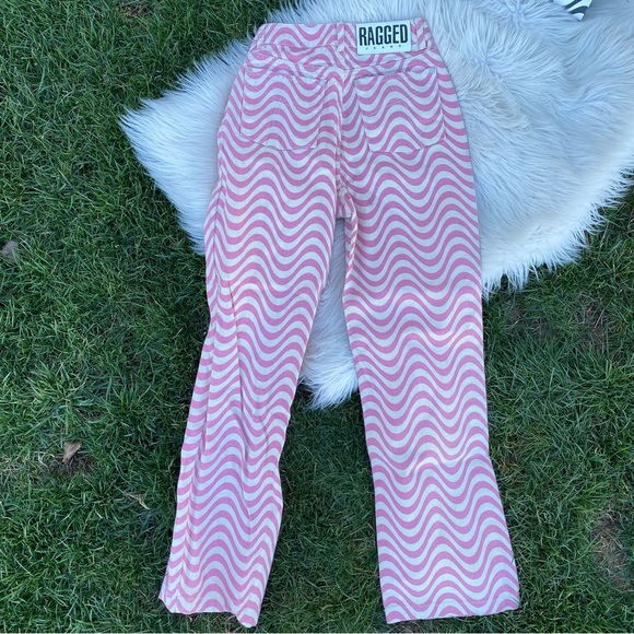 The Ragged Priest Wide Leg Dad Fit Pink White Wave Print Jeans Size 24 - Picture 6 of 8
